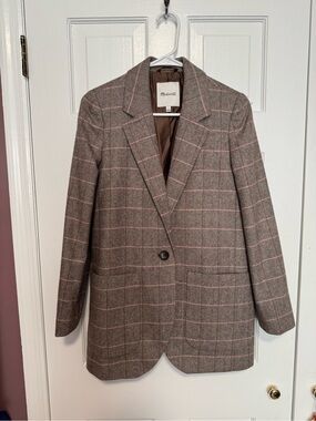 Madewell Taupe Plaid Single-Button Blazer with Pink Windowpane